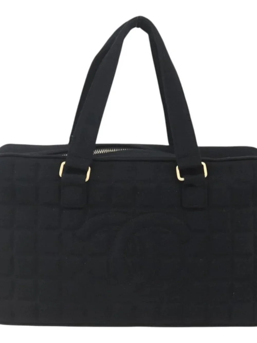 CHANEL Choco Bar Hand Bag Cotton Black Gold CC Auth 158843